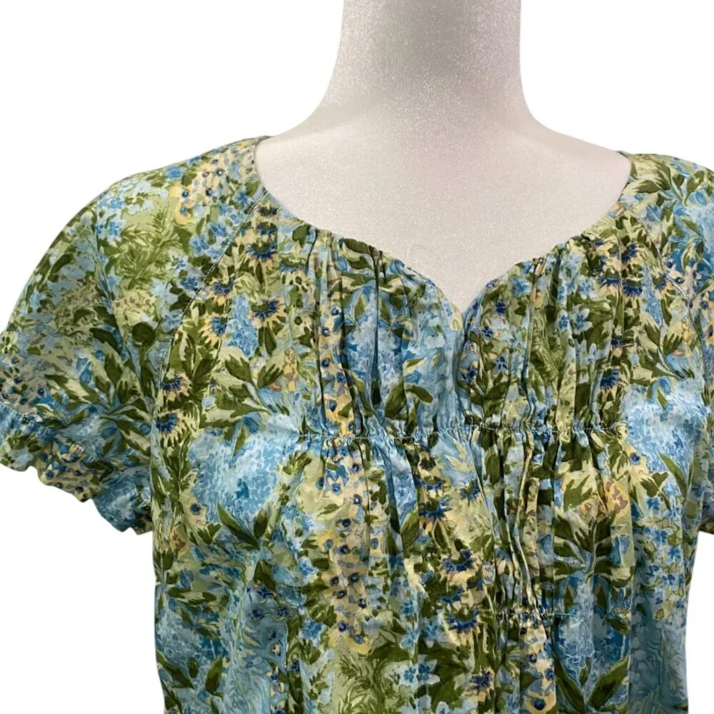 Talbots Floral Pintuck Cotton Blouse - Size M - Blue Green Yellow Print - Picture 2 of 5